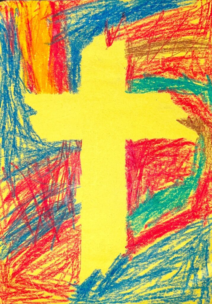 Sunday School Cross craft using painter's tape and crayons.
