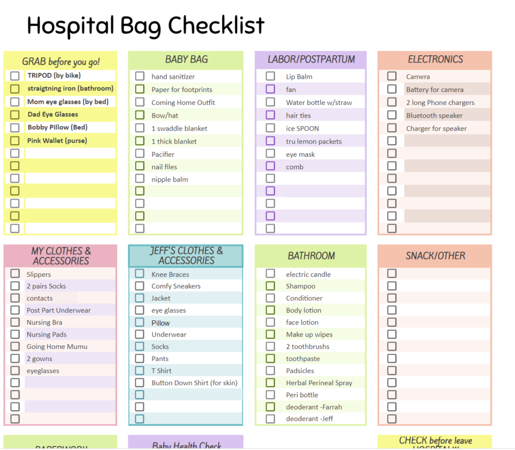 FREE customizable Hospital Bag Checklist