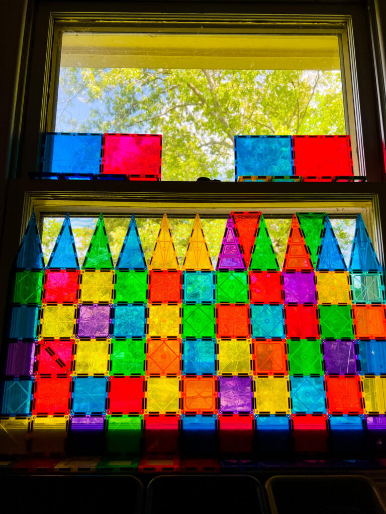 Stained glass window made from Magna-Tiles.