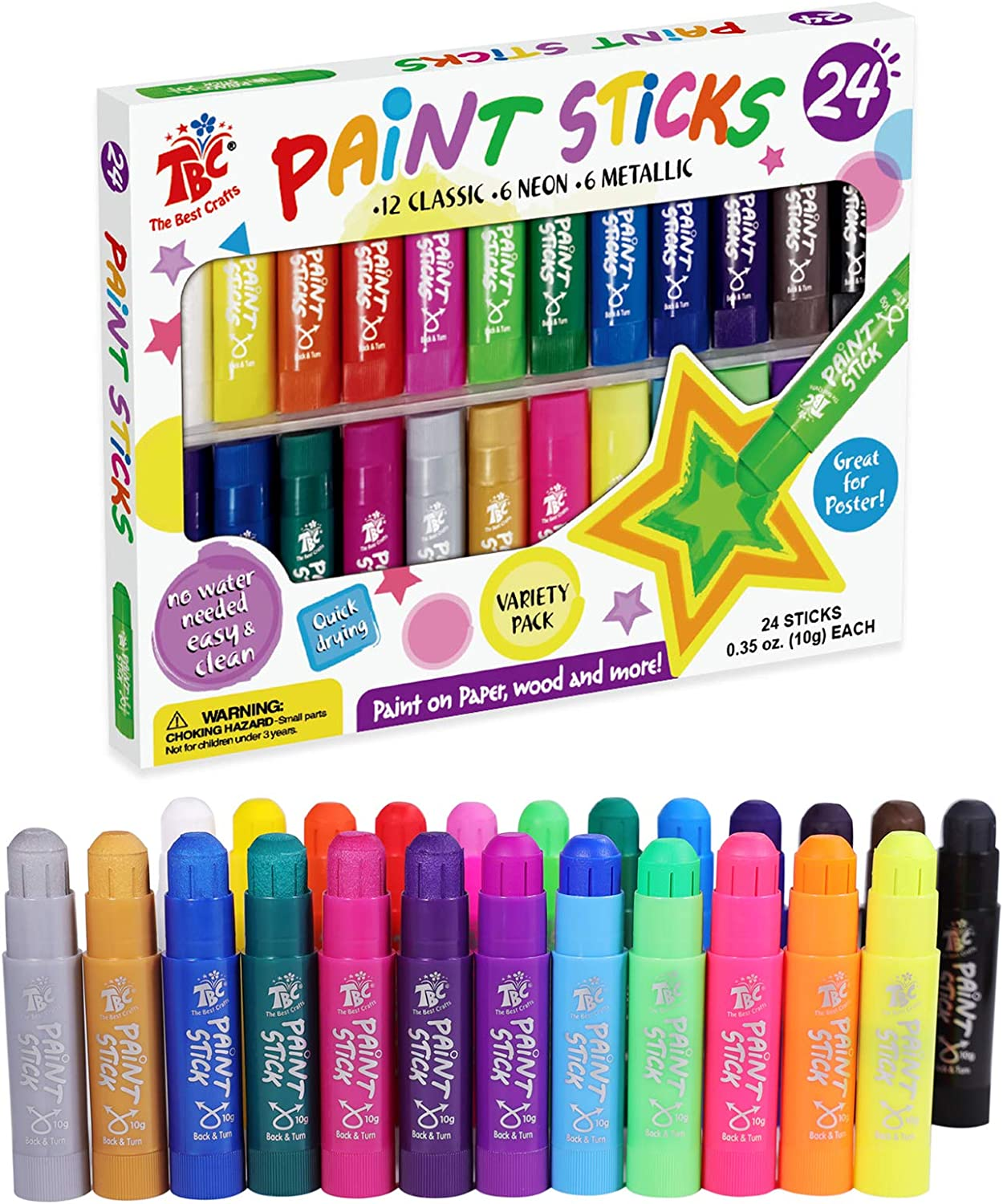 24 Bright Assorted Colors of Paint Sticks