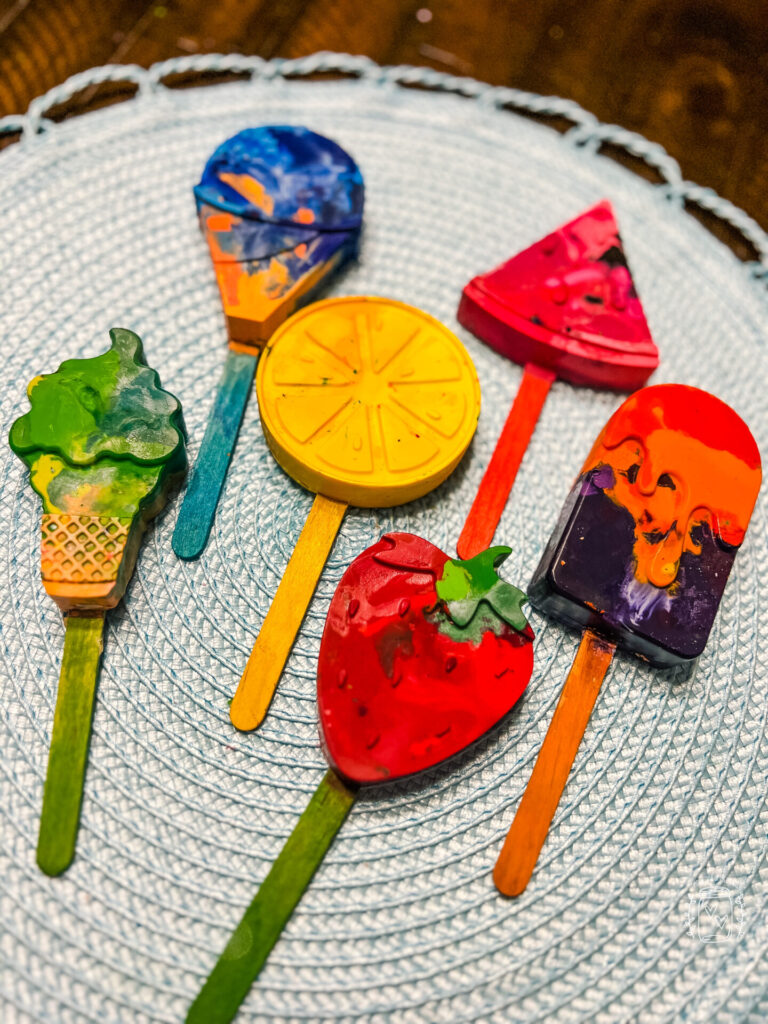 Summer Popsicle Crayons made from old crayons using silicon molds.