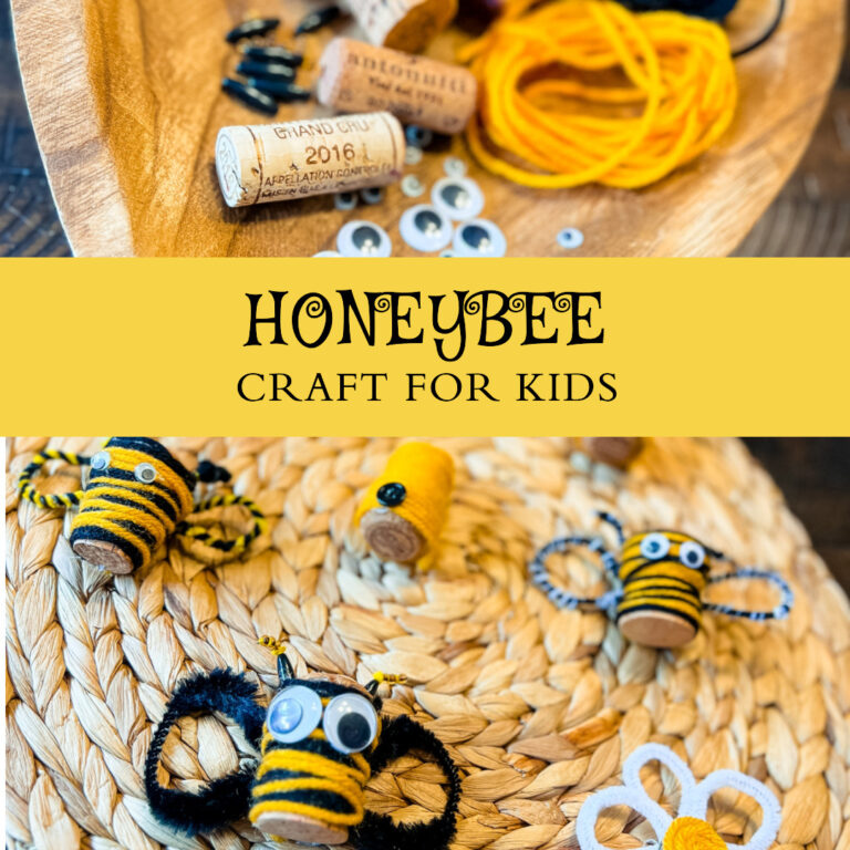 Honeybee theme craft which includes honeybees, hives, and flowers made from wine corks.
