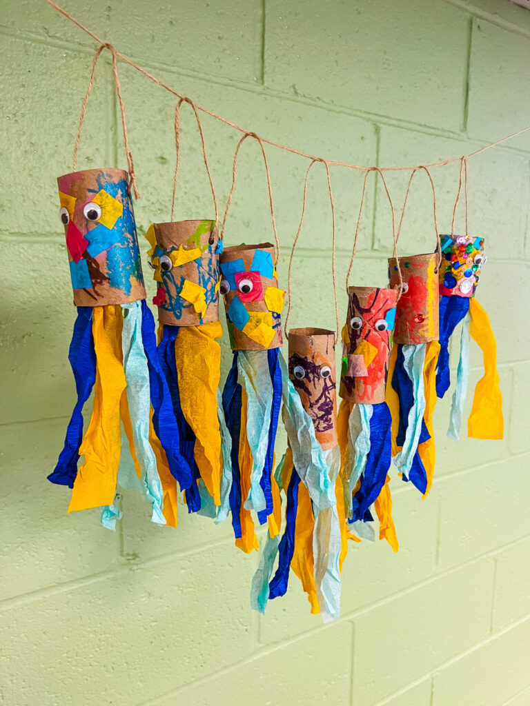 Summer Crafts - Jellyfish made out of toilet paper rolls, paint, and squares of tissue paper.