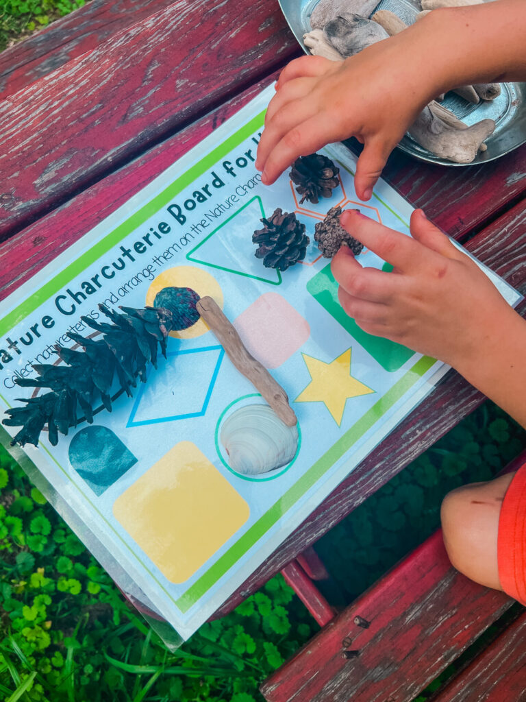 Charcuterie Board for Kids! Young boy's hands placing nature items on the Charcuterie Board Printable