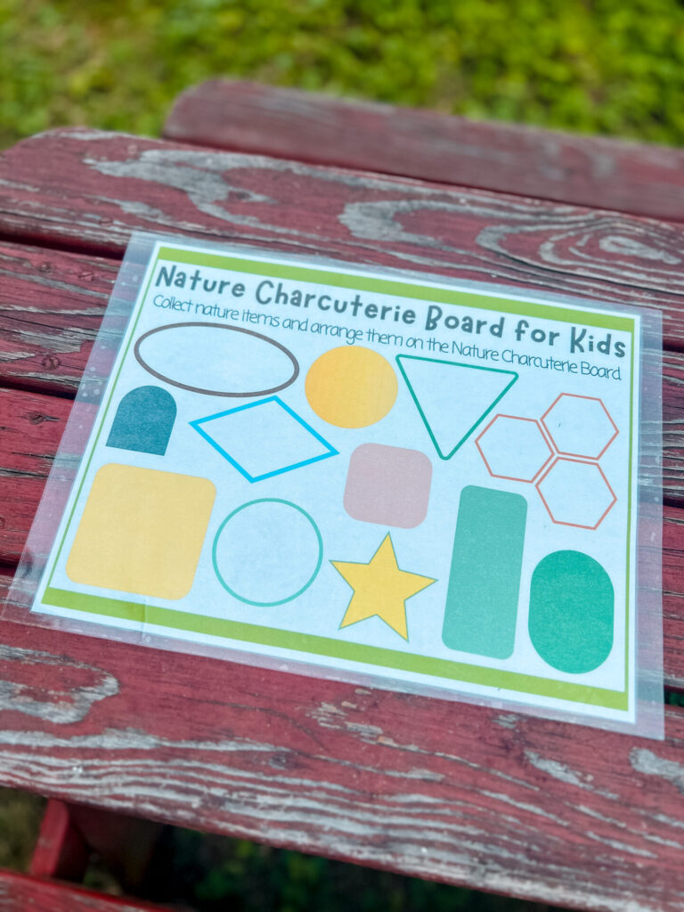 Charcuterie Board for Kids! Printable with different size shapes for children to add nature item to.
