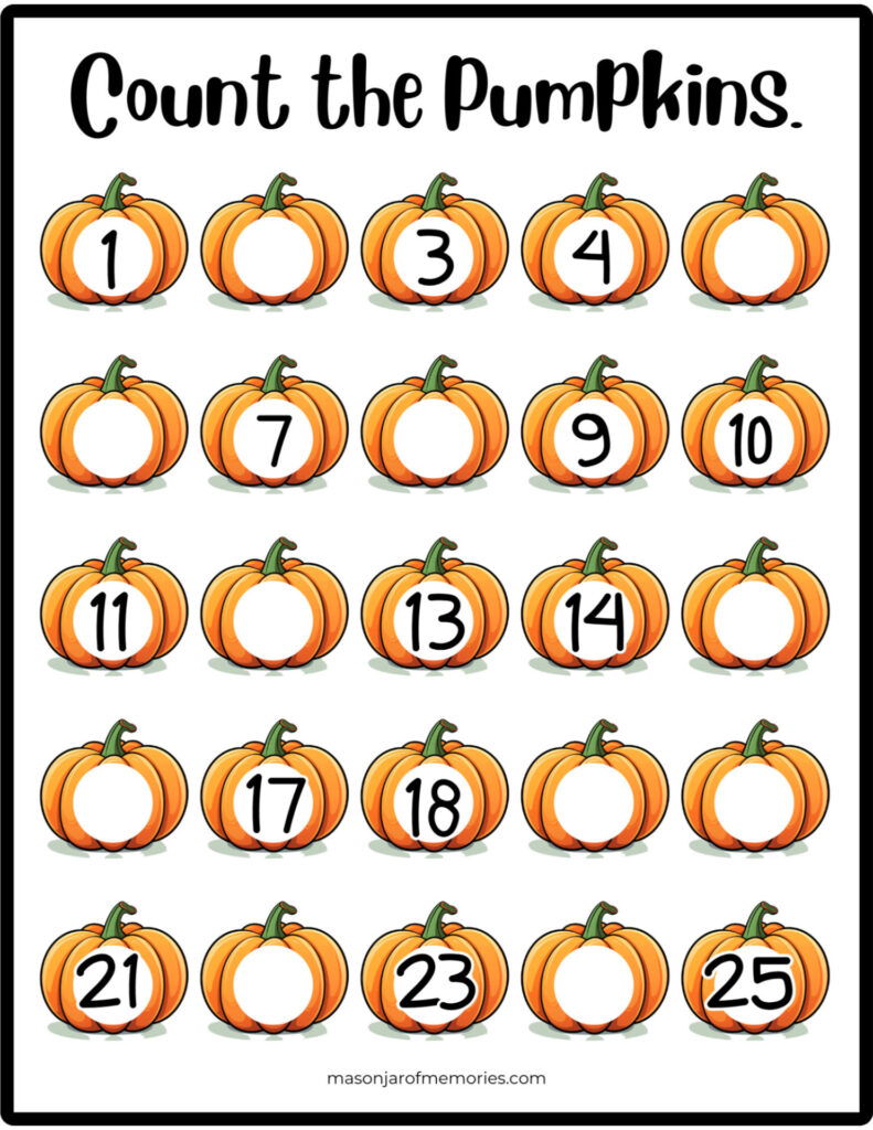 Count the Pumpkins Printable for Kids with pumpkins and numbers.