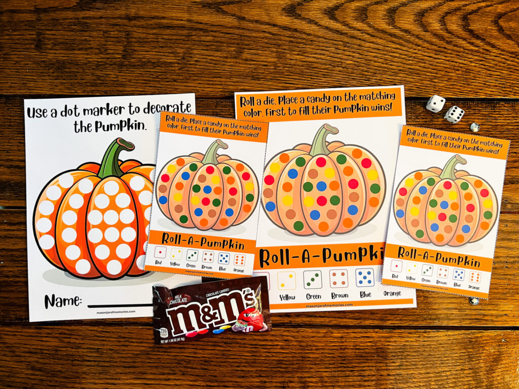 Fall Games for Kids Bundle: - (1) Roll-A-Pumpkin Game Board Printable (8.5 x 11)
- (1) Roll-A-Pumpkin Game Printable containing (2) 5 X 7 Game Boards (to save ink and paper)
- Complimentary Pumpkin Dot Marker Printable