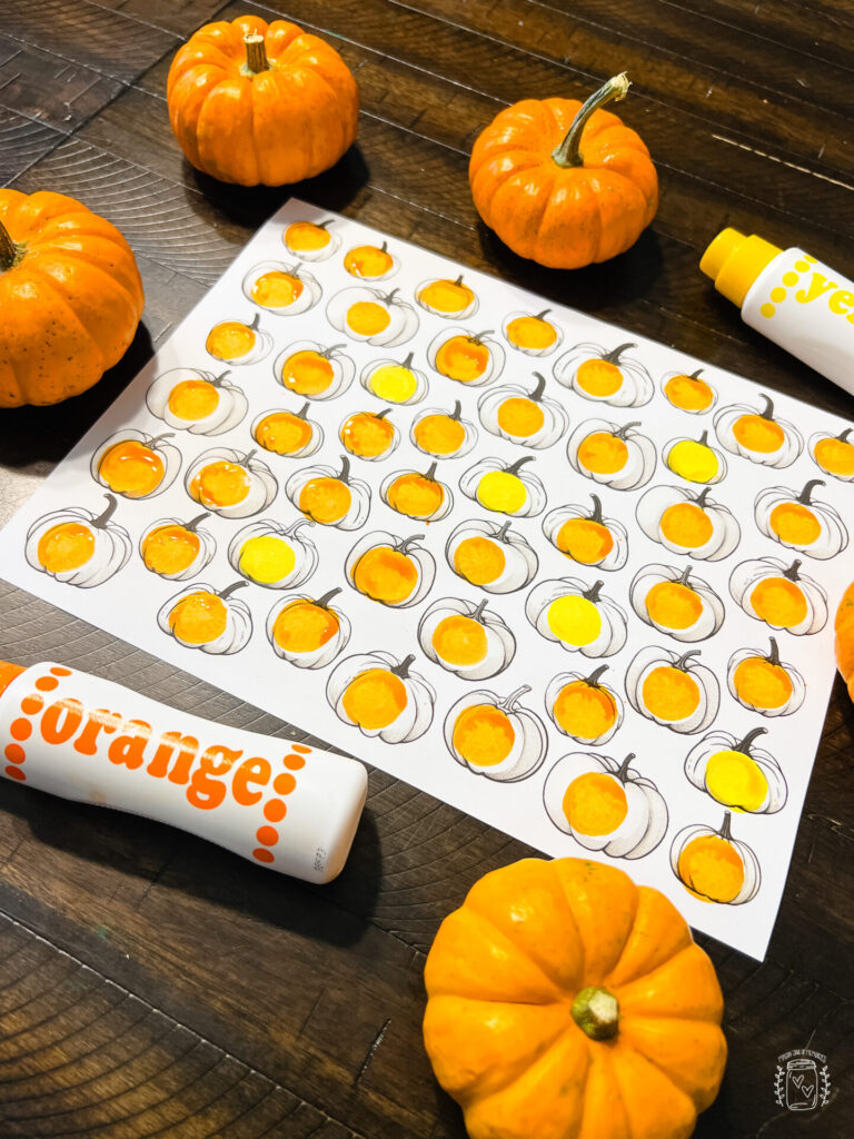 Pumpkin Dot Marker Coloring Page with various pumpkins of different shapes and sizes with orange and yellow dots from dot markers.