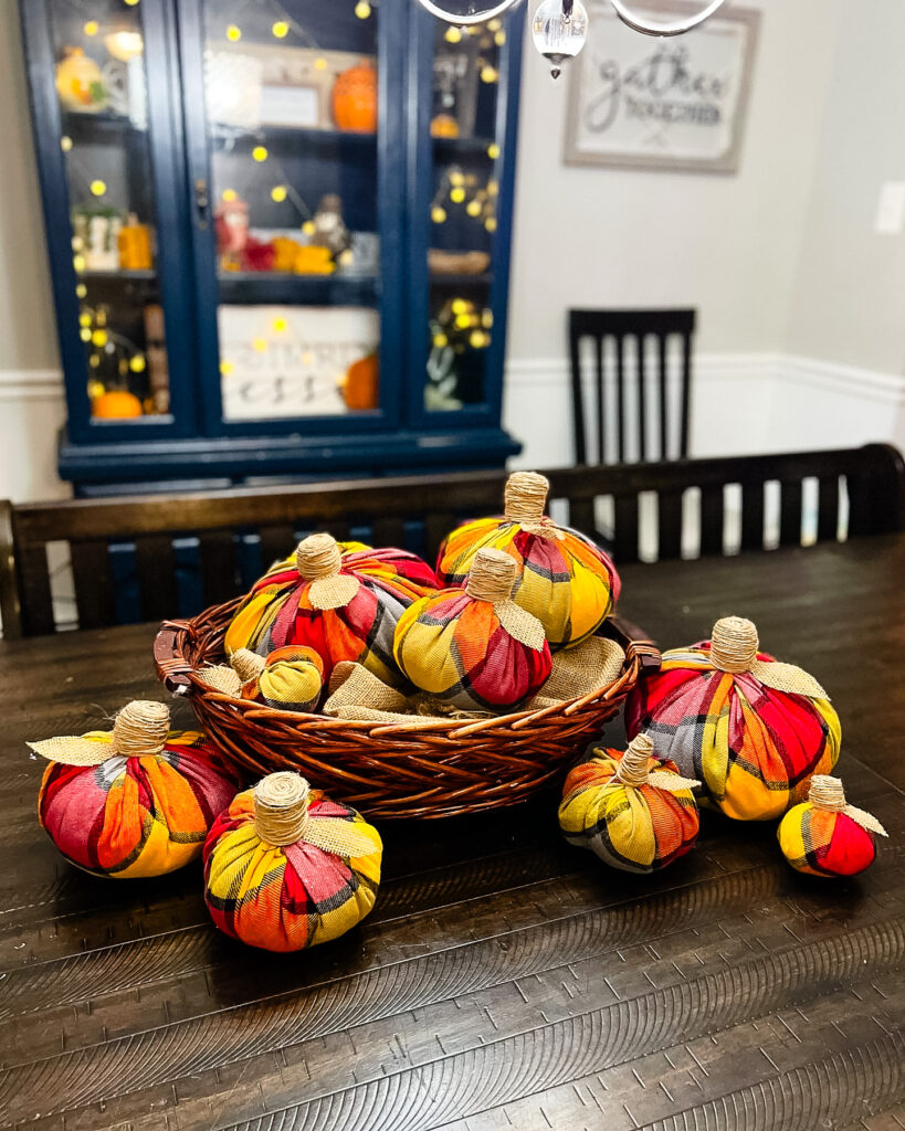 Fabric Pumpkins displayed in a fall decorated dining room.