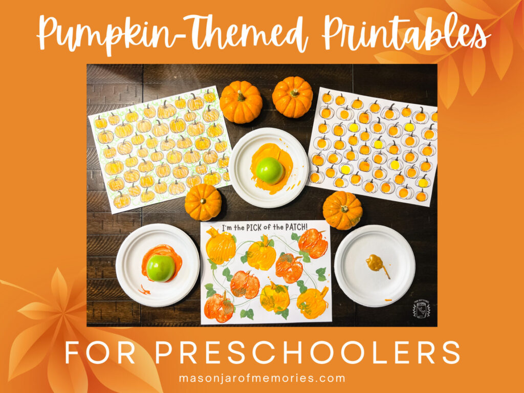 Pumpkin Themed Printables for Kids inlcuding apple stamping printable with pumpkin vines and coloring and dot marker pages with various pumpkins of different shapes and sizes.