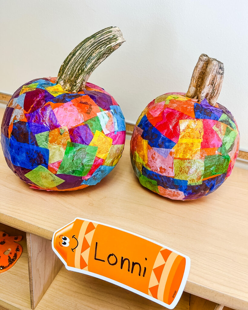 Pumpkin Craft, Two complete Pumpkins decorated with Mod Podge and colorful squares of tissue paper.