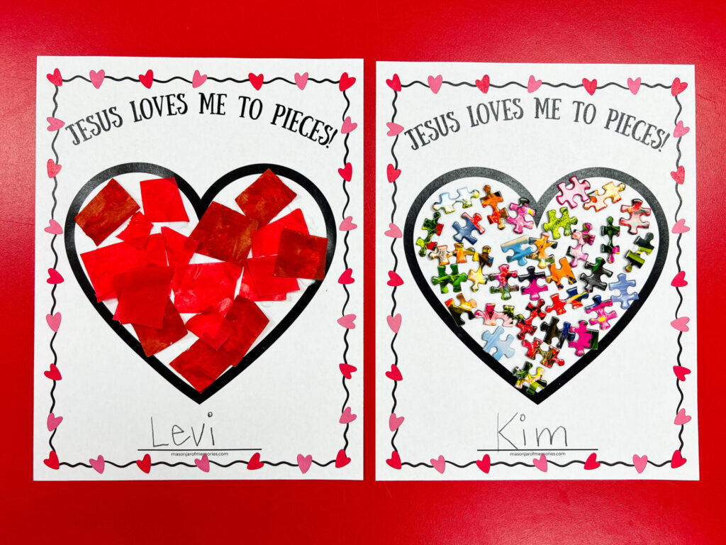 Valentine Craft for Sunday School. Use ouzzle pieces or scrap pieces of paper to glue the inside of a heart. The text reads Jesus Loves Me To Pieces.