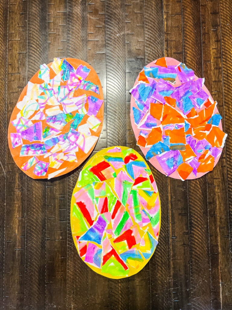 Stain Glass Easter Craft, making Easter eggs out of scraps of colored paper. 